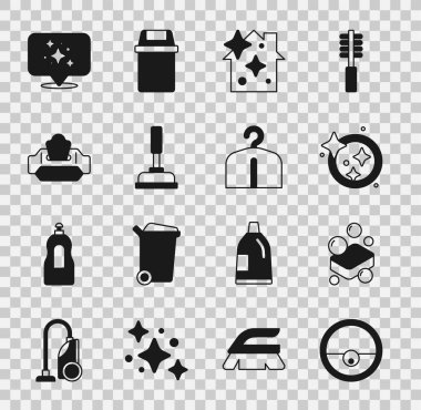 Robot elektrikli süpürge sabun temizleme çubuğunu, bulaşık yıkama servisini, temizleme masasını, ıslak mendil paketini ve elbise askısı ikonunu ayarla. Vektör.