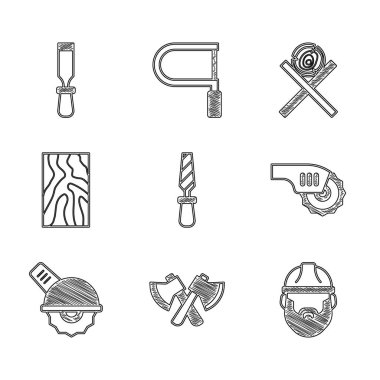 Rasp metal dosyasını, tahta baltayı, elektrikli elektrikli elektrikli testere loglarını ve keski aleti simgesini hazırla. Vektör.