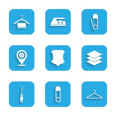 Deri güvenlik iğnesi askısı giysi katmanı tekstil havuzu araç gereçleri terzi dükkânı ve ikon. Vektör.