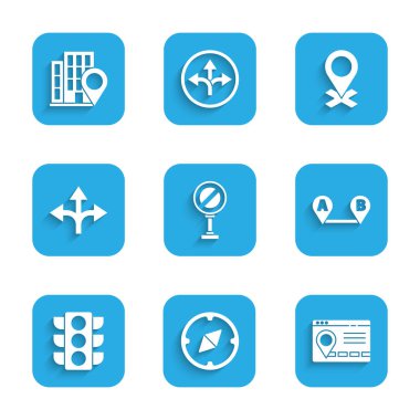 Şehir haritası navigasyon güzergahının Pusula Bilgisini Trafik Işığı Trafik Konumu ve ev simgesi ile dur işaretini ayarla. Vektör.