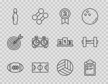 Amerikan Futbolu Spor Eğitim Programı Madalya Bowling Sahası Satranç Saati Voleybol Saati ve Dumbbell ikonu. Vektör.