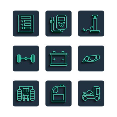 Otomobil yıkama tüpünü, motor yağı taşıyıcı kamyon hava pompası pil Chassis araba denetimi ve far ikonu için ayarla. Vektör.