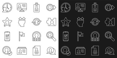 Konuşma baloncuğu sohbet büyütecini, insan zaman yönetimi ve insan kaynakları ikonu kullanıcı tanımlama rozeti için ayarla. Vektör.