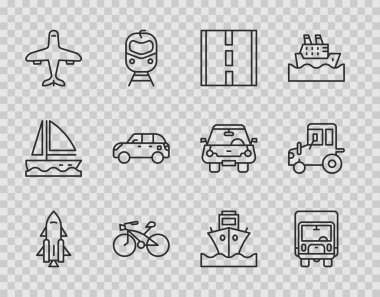 Roket gemisini yangın teslimatı kargo kamyonu, bisiklet yolu hatchback kargo ve traktör ikonu ile ayarlayın. Vektör.