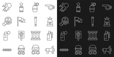 Megafon El Bombası Teşhircisi, Barış Uçan Taşı ve Polis kauçuk cop ikonu. Vektör.