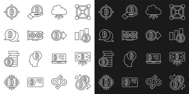Devre Pie grafiği ile çizgi Bitcoin 'i, şifreli bitcoin Kripto para birimi bulut madenciliği video kartı hedef ve simgesi ile ayarla. Vektör.