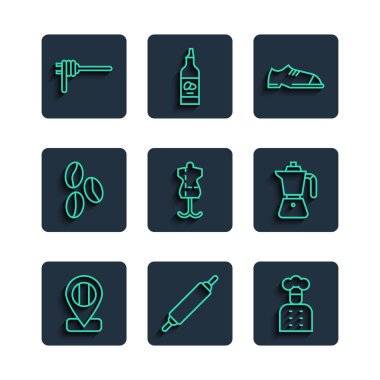 İtalyan aşçı ayakkabısı Mannequin Coffee Fasulye Makarnası spagettisi ve moca pot ikonu. Vektör.