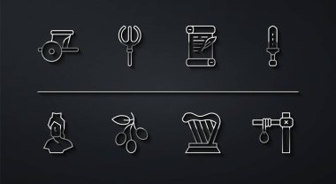 Kadim savaş arabasının büstü Ortaçağ kılıcı Harp Zeytinleri dalı Neptün Mızrak Darağacı ve Parşömen Parşömeni simgesi. Vektör.