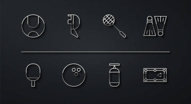 Masa tenisi yüzen lastik yüzgeçli yüzgeçler bovling çantalı kask maskeli bilardo ve raket ikonu oynamak için çizilmiş bir tenis raketi. Vektör.