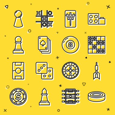 Satır Checker oyun çipleri Dart ok tahtası Mahjong parçaları tahta için satranç çipi ve bilardo bilardo topu ikonu. Vektör.