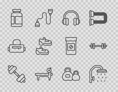 Çizgiyi Dumbbell Duş Kulaklıkları Barbel Spor Spor Spor Spor Ayakkabıları Kettlebell ve Barbell ikonu ile Bench 'e ayarla. Vektör.