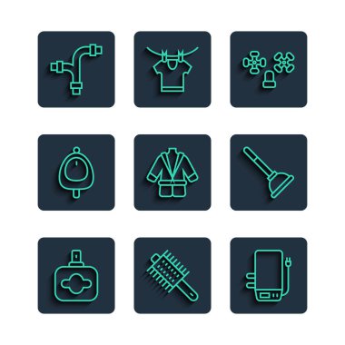 Perfume saç fırçası elektrikli kazan musluğu bornoz tuvaleti pisuar ya da işeme endüstrisi metalik boru ve plastik pompa ikonu. Vektör.