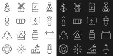 LED Ampul Araba Aküsü Ampulü 'nü şimşek biyo yakıt varili Battery Earth küresi ve yaprak ve Şimşek civata ikonu ile ayarla. Vektör.