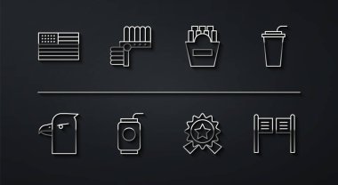 Çizgi Amerikan bayrağı, saman madalya sahibi Soda Kızılderili başlık tüyleri, salon kapısı ve kutu ikonunda patates kızartması olan kağıt bardak. Vektör.