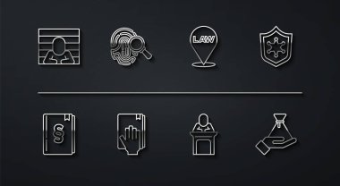 Hüküm, Mahkûm Hukuku Rozeti Yargıç Yeminli Kutsal Kitap Parmak izi Para Çantası ve Konum Kanunu ikonu. Vektör.