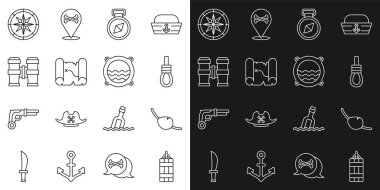 Hat dinamit bombası korsan göz bandı darağacı ip ilmiği pusula haritası dürbünü ve deniz manzaralı gemi penceresi. Vektör.