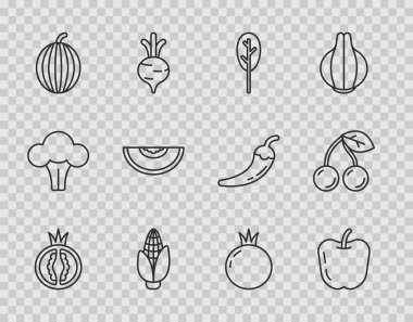 Domates, elma, ıspanaklı mısır, kavun, karpuz ve kiraz ikonu. Vektör.