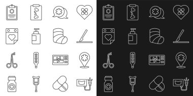 Ultrason konumunu hastane çapraz cerrahi neşter diyaloğu, doktor el antiseptik şişesi doktor randevu kliniği kaydı ve alçıtaşı ikonu ile ayarla. Vektör.