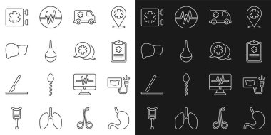 İnsan midesi Ultrason rekorunu kırın. Acil durum arabası Enema organ karaciğer. Doktor simgesi ile diyalog. Vektör.