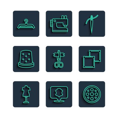 Askı dolabı ve Tekstil kumaş rulo ikonu dikmek için ipek makas yüksüğüyle manken deri dikiş iğnesini ayarlayın. Vektör.