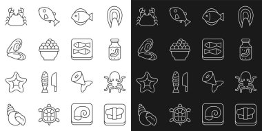 Ahtapot Denizi salatalık kavanozu, balık havyarı, midye yengeci ve konserve balık ikonu üzerine suşi koyun. Vektör.