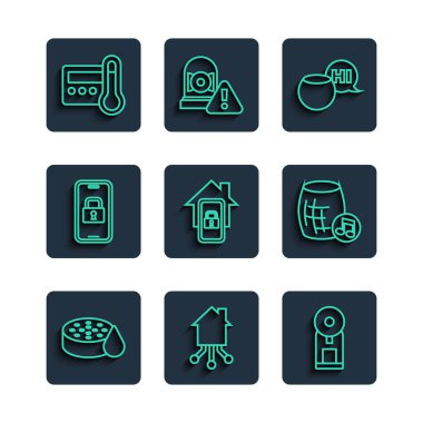 Hat su sensörü Smart ev yapımı kahve makinesi ses asistanı Mobile akıllı dijital kapı kilidi termostat ve ikonu ile ayarlayın. Vektör.