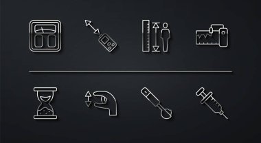 Hat çizgisi Banyo pullarını kum ölçme aleti kaşığıyla eski kum saati ölçme ölçümlerini lazer mesafe ölçer şırıngası ve boy vücut ikonu ile ayarla. Vektör.