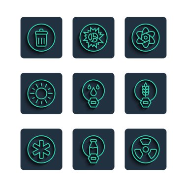 Acil Laktozsuz Radyoaktif Test Tüpü ve Yasak Güneş Çöp Kutusu ve Glüten Tahıl ikonu 'nun tıbbi sembolünü hazırlayın. Vektör.