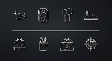 Hattı tahterevalli hız trenine çeviren araba sirk çadırı sihirbazı şapkası ve tavşan kulağı bileti kurdele ikonlu balon sporu. Vektör.