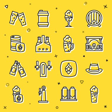 Bar Pack şişeleri, metal fıçı ve ikonlu bir bira kadehi, Oktoberfest şapka sokağı tabelası. Vektör.