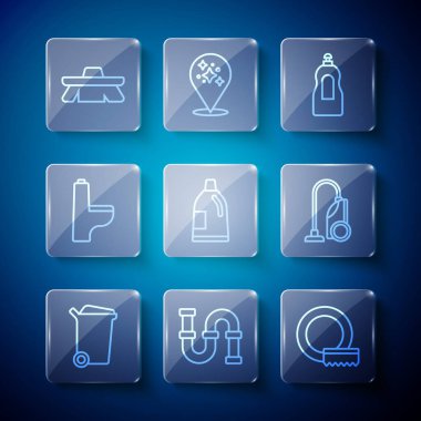 Çöp Kutusu Endüstrisi metal boru bulaşık deterjanı bulaşık deterjanı temizleme şişesi fırçası ve elektrikli süpürge ikonu. Vektör.