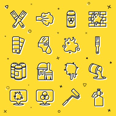 Renkli palet rehberi ve ikonu boyayan boya sprey boya tabancası fırçası konservesini ayarla. Vektör.