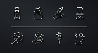 Sihirli sihirli değnek ve sihirli aynayla dizilmiş bir çizgi. Sihirbaz el aynası. Ateş cadısı kazanı ve taş ikonu tutuyor. Vektör.