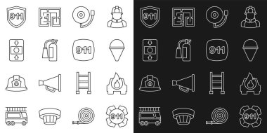 Acil durum hattı. Yanan araba konisi kovası 911 'i arayın. Alarm zili yangın söndürme sistemi ve ikonu çalıyor. Vektör.