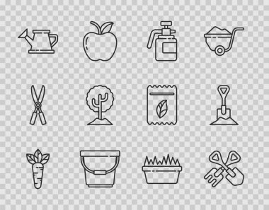 Gübre kovası için havuç küreği ve tırmık bahçesi spreyini hazırlayın. Su kovası, taze çimenleri dikdörtgen şeklinde ve toprak ikonu. Vektör.