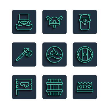 Viking bayrağı, tahta fıçı Kral tacı, baş deniz ve balta gemisi Drakkar ve Kalkan Viking ikonu sallıyor. Vektör.