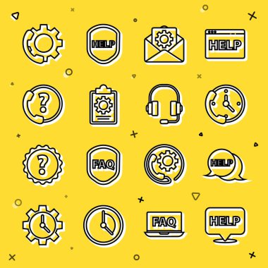 Konuşma baloncuğunu metin Yardım Telefonu ile 24 saat destekle Envelope kontrol listesi servisi ve kulaklık simgesi ayarla. Vektör.