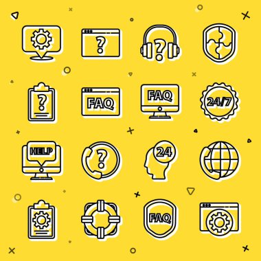 Satır Tarayıcı ayarlama Telefon 24 saat destek SSS Kulaklıklar soru işaretleri konum ekipmanı ve Bilgisayar monitörü ve simgesi ile pano. Vektör.