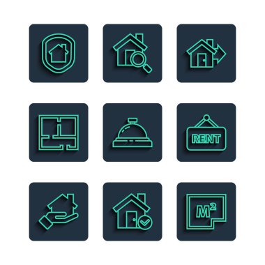 Emlakçı Evi 'ni Mark Mark Planı' yla, otel servis zilini koruma ve kira simgesi altında ayarla. Vektör.