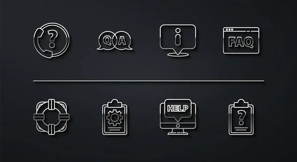 セットライン電話24時間サポートライフバイブラウザよくあるご質問コンピュータモニタとヘルプサービスでチェックリスト質問回答クリップボードの質問マークと情報アイコン ベクトル — ストックベクタ