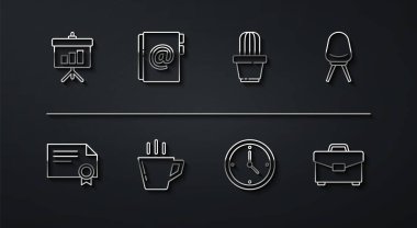 Kireç tahtasını diyagram şablonuyla, ofis koltuğunun saatini kahve fincanı adres defteri evrak çantası, kaktüs ve demlik simgesiyle ayarlayın. Vektör.
