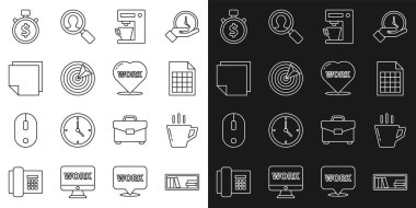 Rafları kitaplarla ayarla Kahve fincanı dosya makinesi spor posta etiketleri zaman para ve yürek çalışma simgesidir. Vektör.