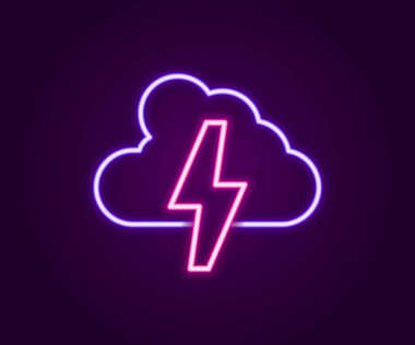 Parlayan neon hattı Storm simgesi siyah arkaplanda izole edildi. Bulut ve şimşek işareti. Fırtınanın hava durumu ikonu. Renkli taslak konsepti. Vektör.