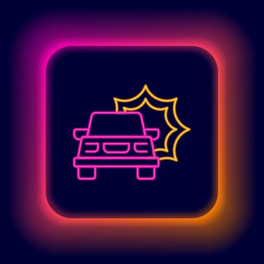 Parlayan neon hattı araba kazası ikonu siyah arkaplanda izole edildi. Sigorta konsepti. Güvenlik, güvenlik, koruma, konsept koruma. Renkli taslak konsepti. Vektör.