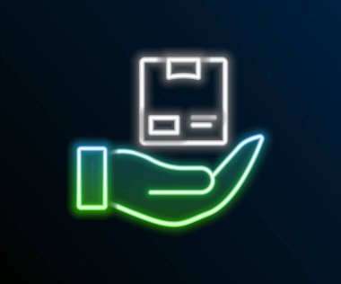 Parlayan neon hattı sigorta ikonu siyah arka planda izole edildi. Kalkanın ötesinde sigorta kutuları var. Renkli taslak konsepti. Vektör.