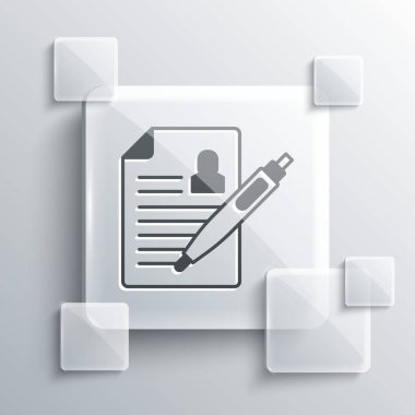 Gri Özgeçmiş simgesi gri arkaplanda izole edildi. Özgeçmiş başvurusu. Profesyonel personel aranıyor. Personel analizi devam ediyor. Kare cam paneller. Vektör.