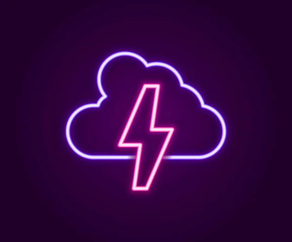 Linea Neon Luminosa Icona Storm Isolata Sfondo Nero Nuvole Fulmini — Vettoriale Stock