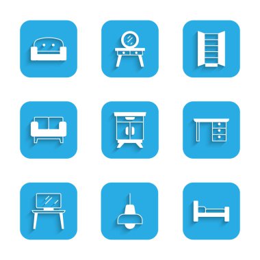 Mobilya sehpası lambası yatak odası masası TV masası kanepe dolabı ve Kol Sandalyesi ikonu. Vektör.