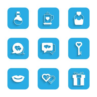 Kalp 'i konuşma baloncuğunda ayarla İki Bağlı Kalpli Hediye Kutusu Anahtar kalp şeklinde gülen dudaklar düğün pastası ve aşk ikonu şişesi. Vektör.