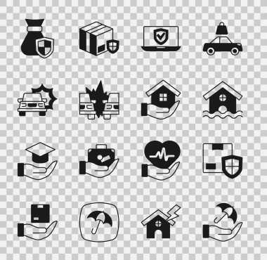 Şemsiye 'yi, Shield House Sel Sigortası' nın internet üzerinden para çantası ve ikonu ile elden teslimat güvenliğine ayarlayın. Vektör.